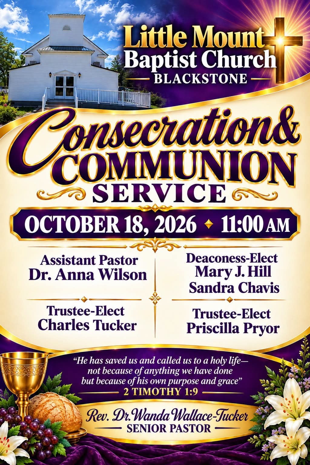 Little Mount Baptist Church Consecration and Communion Service October 18 2026 at 11:00 AM featuring Assistant Pastor Dr. Anna Wilson