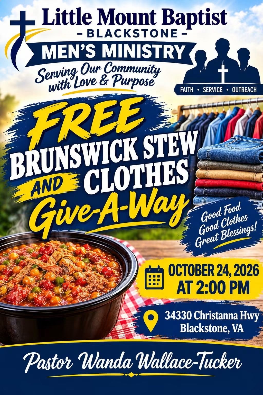Little Mount Baptist Church Men's Ministry free Brunswick Stew and Clothes Give-Away October 24 2026