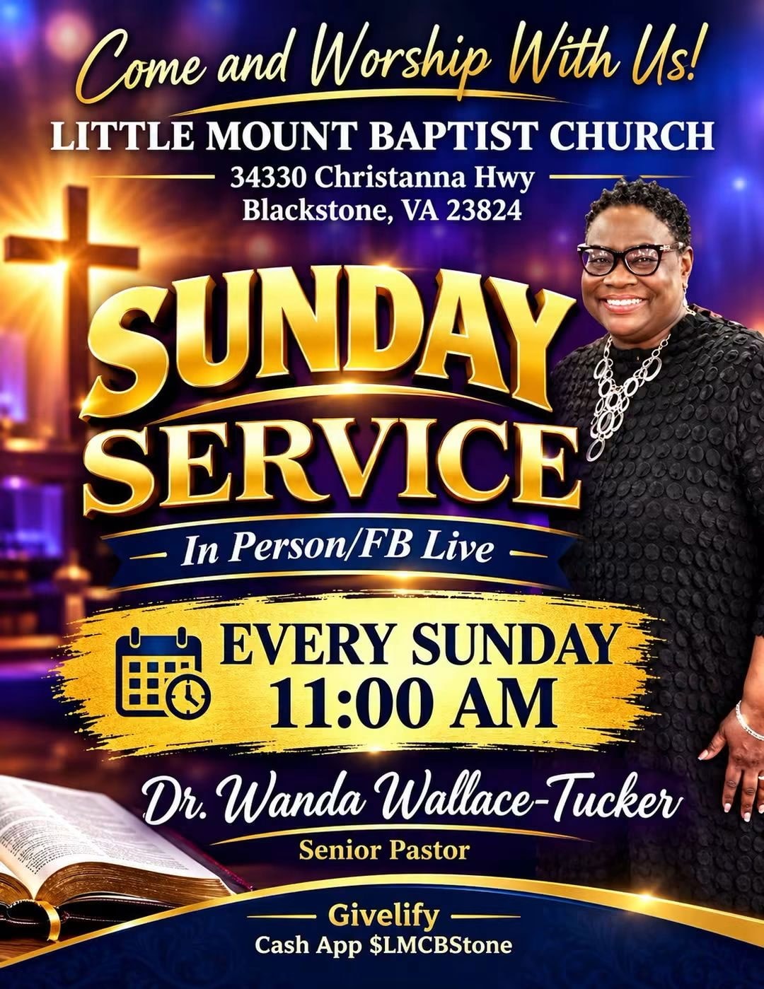 Little Mount Baptist Church Sunday Service flyer featuring Dr. Wanda Wallace-Tucker